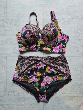 Torrid Size 1 Leopard Floral Bikini Set Underwire Top High Waist Bottoms Mesh